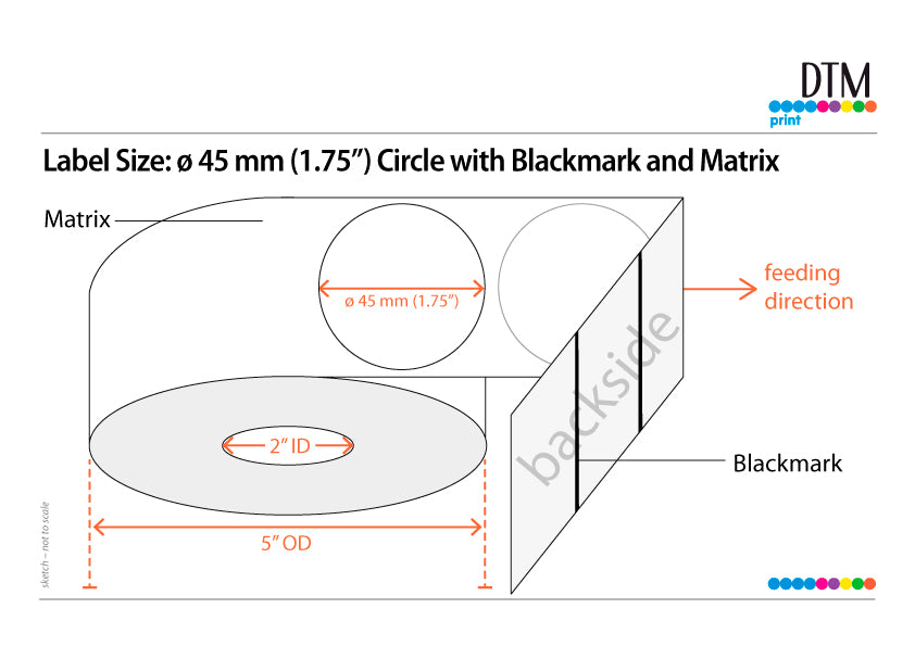 DTM Paper High Gloss 1.75“ Circle With Blackmark and Matrix, 2"/5" Dia