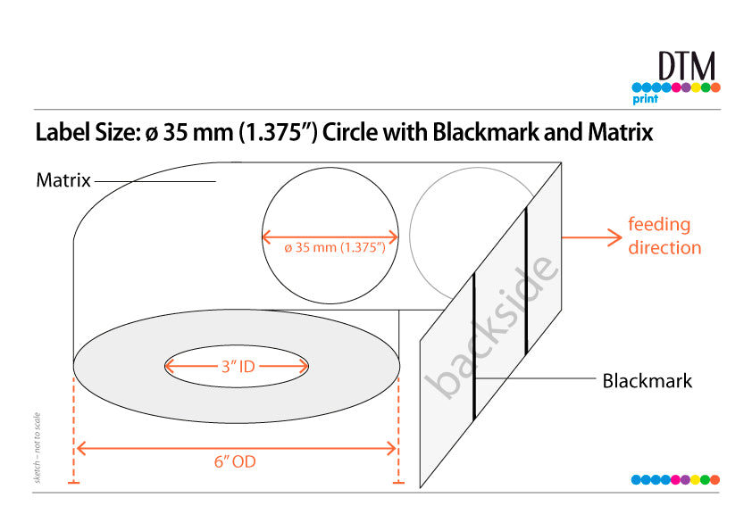 DTM Paper High Gloss 1.375“ Circle With Blackmark and Matrix ,3"/6" Dia